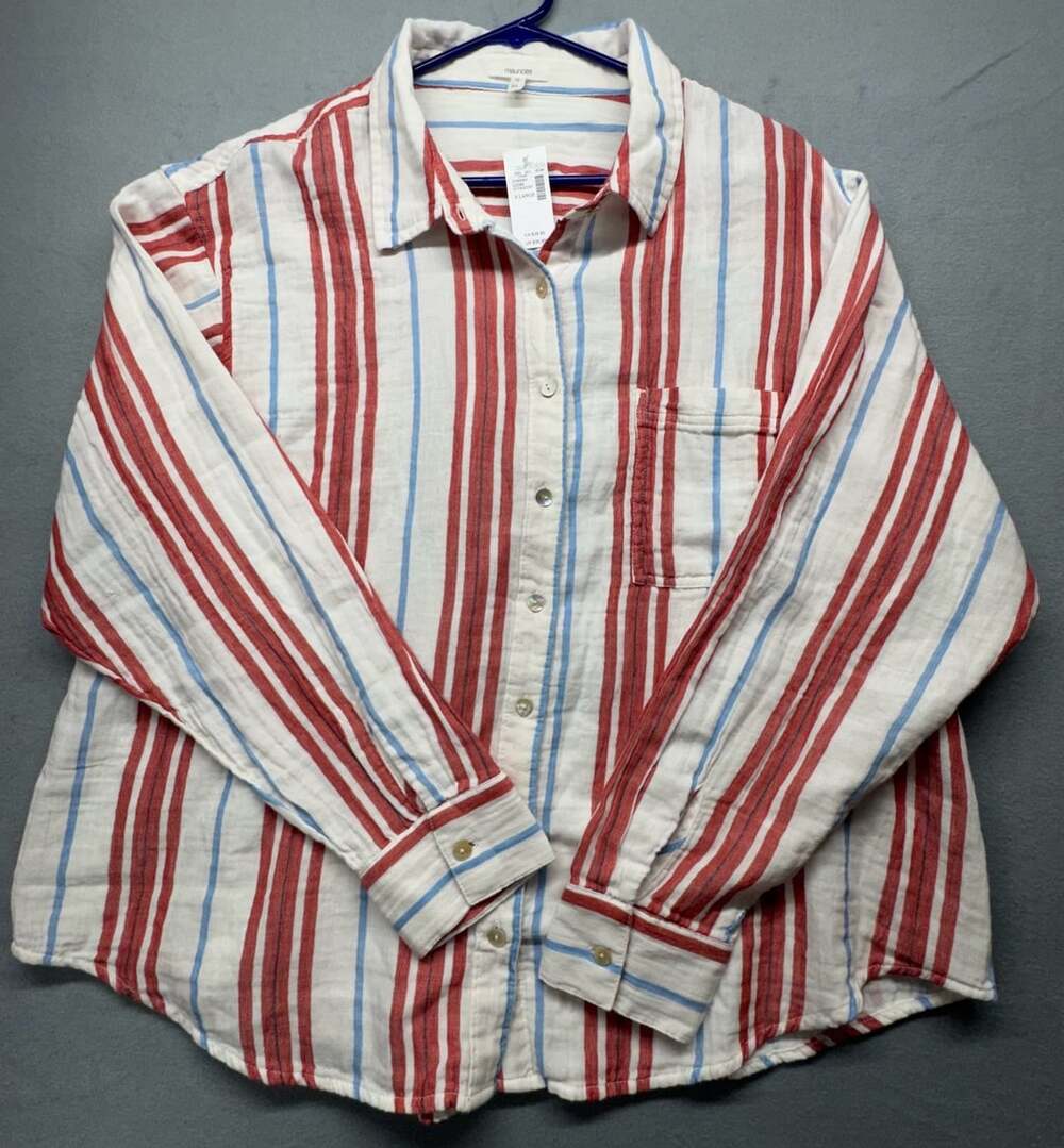 Maurices Women's Striped Button-Up Shirt Red White and Blue Cotton